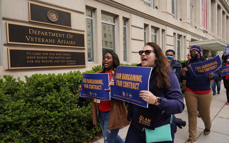 American Federation of Government Employees workers hold a rally outside the Department of Veterans Affairs headquarters in Washington, D.C., on March 30, 2022. AFGE is a labor union representing federal workers. The organization began negotiating the collective bargaining agreement with the VA in March.