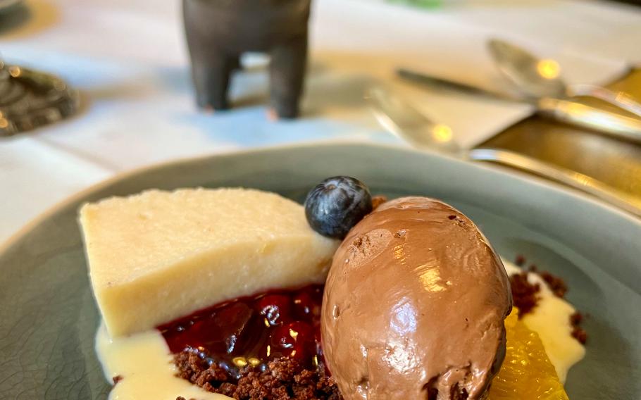 A vegan chocolate mousse and vanilla semolina pudding served with cherry and ground tonka beans, at "The Weinstube" at Hotel Nicolay 1881  in Zeltingen-Rachtig, Germany, March 2, 2022. All dishes at the hotel are vegan and gluten-free choices are available upon request.