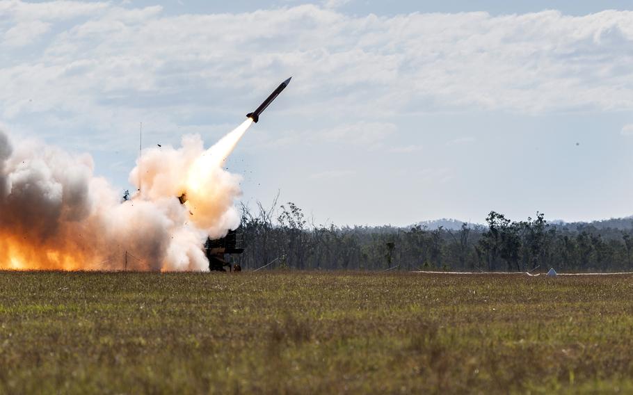 A U.S Army MIM-104 Patriot surface-to-air missile is fired from Australia for the first time ever, Friday, July 16, 2021. The missile was launched from Shoalwater Bay Training Area, Queensland, during the Talisman Sabre exercise. 