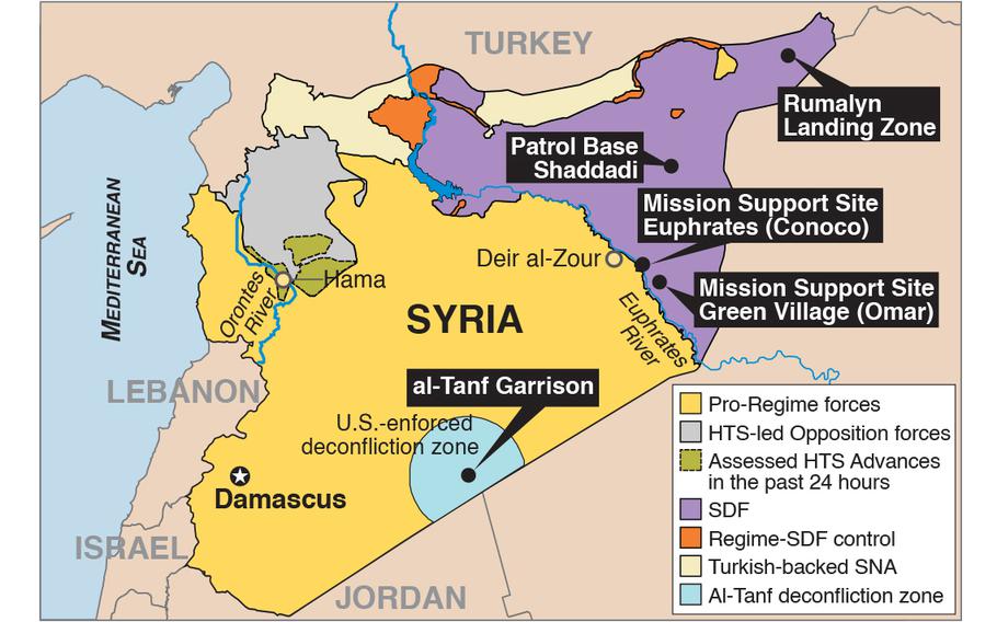 A map showing various zones of control in Syria.