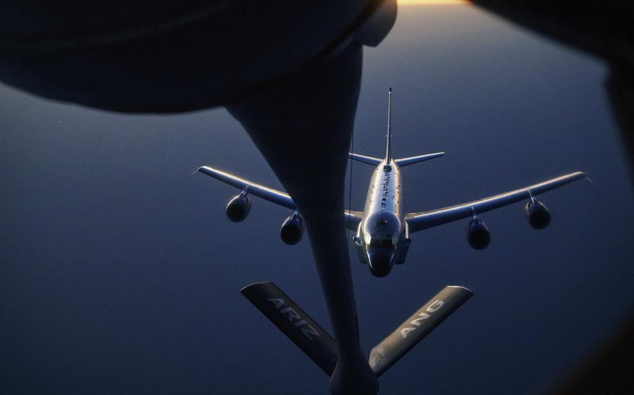A U.S. Air Force RC-135 Rivet Joint flies above the U.S. Central Command area of responsibility, Nov. 19, 2021. The signals intelligence surveillance aircraft has been observed flying in or near Ukraine in recent days on public flight tracking websites.