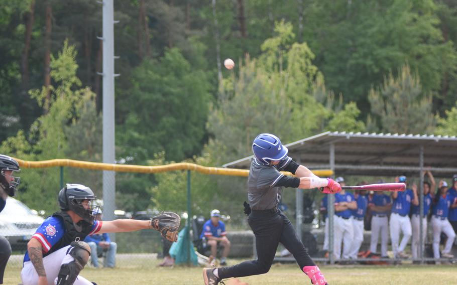 Wiesbaden's Jonah Harvey fouls off a pitch Wednesday, May 21, 2025, on the opening day of the DODEA-Europe Division I baseball championships at Kaiserslautern, Germany.