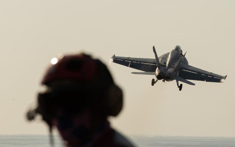 An F/A-18E Super Hornet launches from the flight deck of the USS Gerald R. Ford in the eastern Mediterranean Sea on Oct. 11, 2023. 