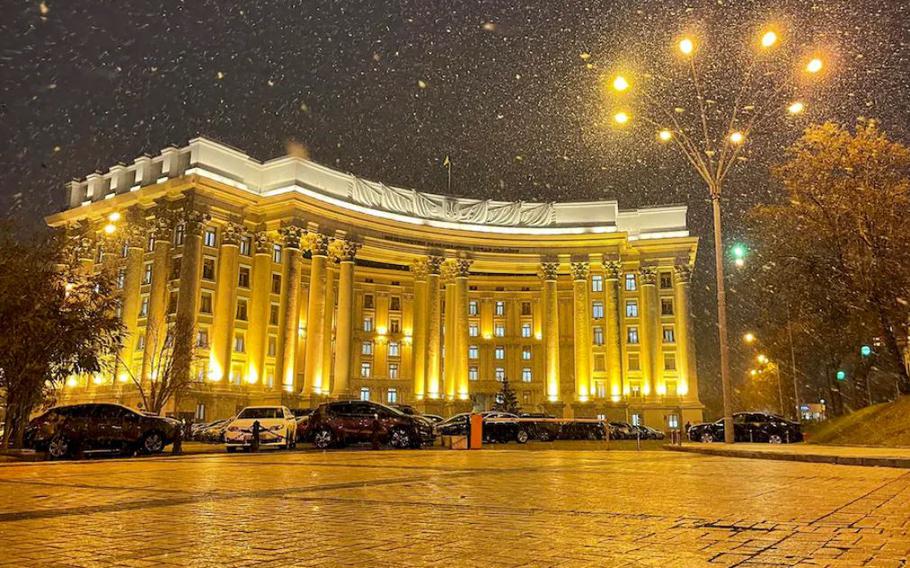 In this undated handout photo released by Ukrainian Foreign Ministry Press Service, the building of Ukrainian Foreign Ministry is seen during snowfall in Kyiv, Ukraine. Ukrainian officials and media reports say a number of government websites in Ukraine are down after a massive hacking attack. 
