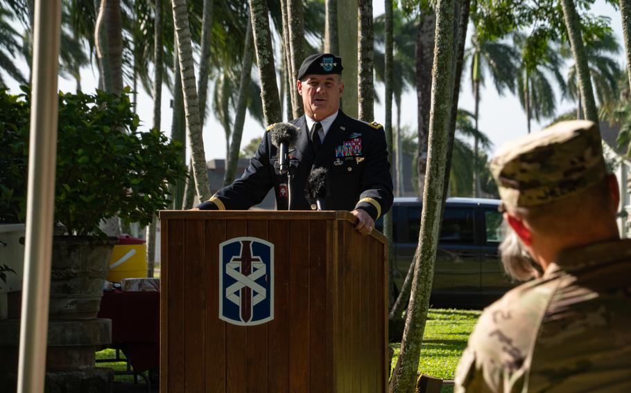 Gen. Charles Flynn, commander of U.S. Army Pacific, speaks at Fort Shafter, Hawaii, on Feb. 10, 2023. 