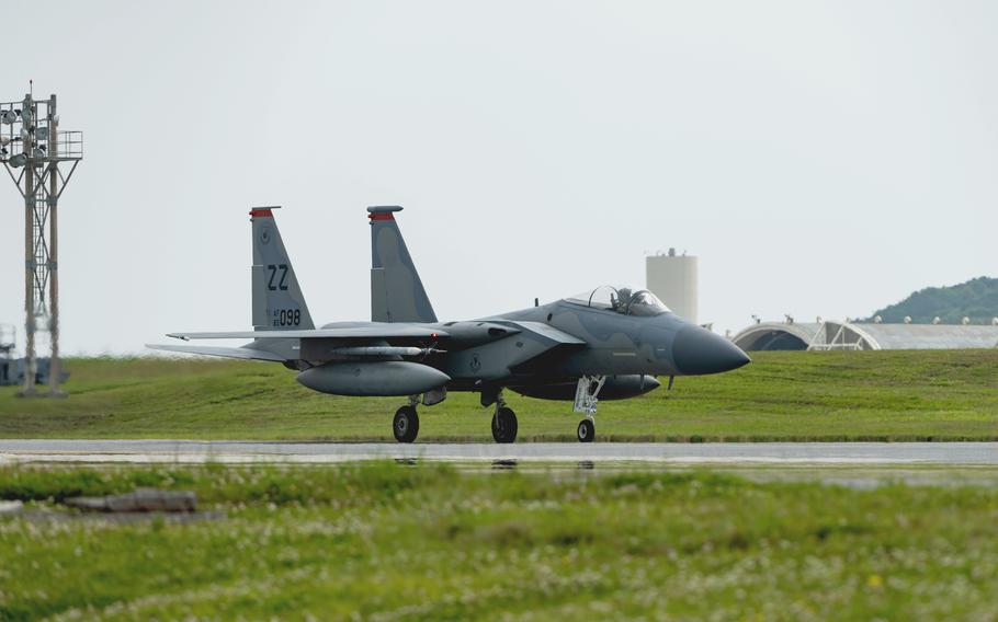 An F-15C Eagle taxis at Kadena Air Base, Japan, April 3, 2020.  