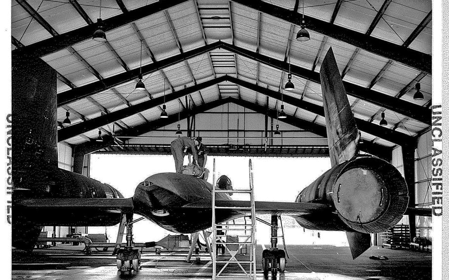 Airmen from the 9th Field Maintenance Parachute Shop install a drag chute on an SR-71 at Beale Air Force Base, Calif., on an unknown date. 