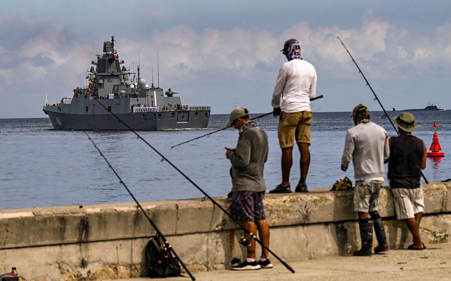 Class frigate Admiral Gorshkov, part of the Russian naval detachment visiting Cuba, leaves Havana Harbor on June 17, 2024. 