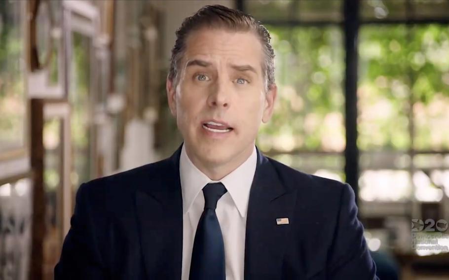 A screengrab from the livestream of the 2020 Democratic National Convention, shows Hunter Biden, son of Joe Biden, addressing the virtual convention on Aug. 20, 2020. 