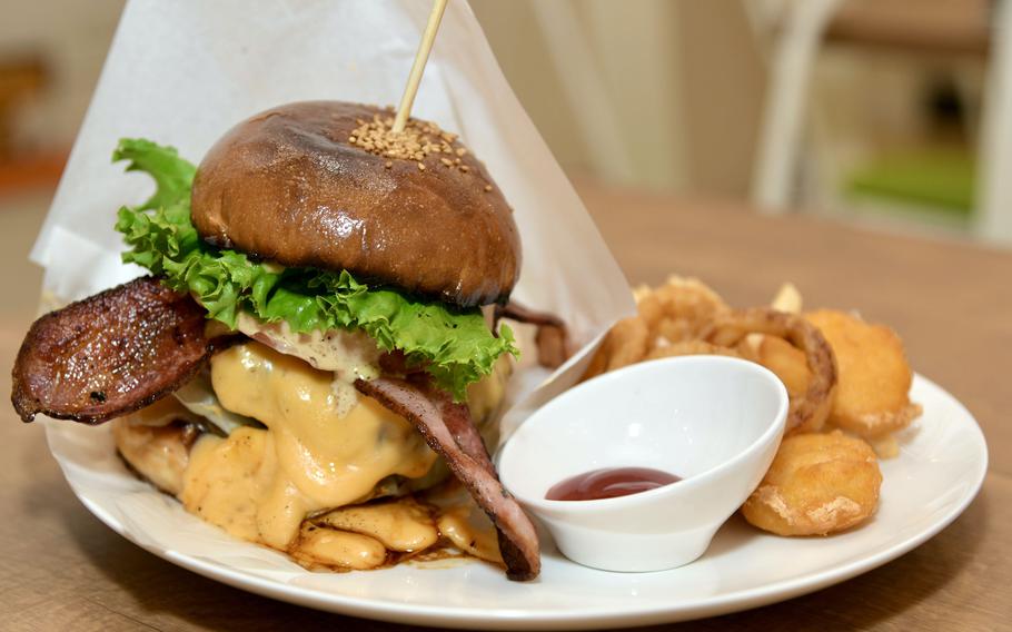 The double bacon cheeseburger from Ishigaki Island Kitchen Bin, a luxury burger spot in Chatan town, Okinawa.