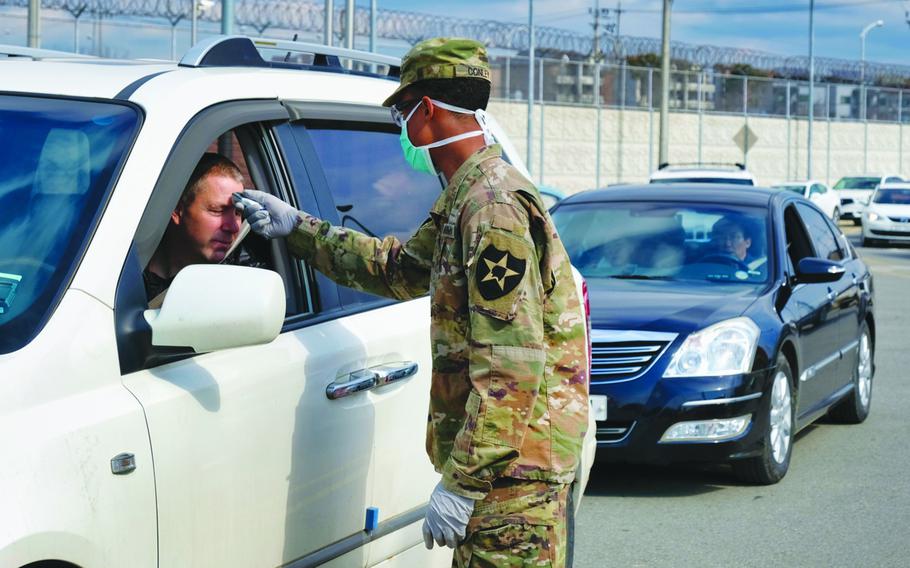 A 2nd Infantry Division soldier checks for a temperature at Camp Humphreys, South Korea, Feb. 26, 2020. 