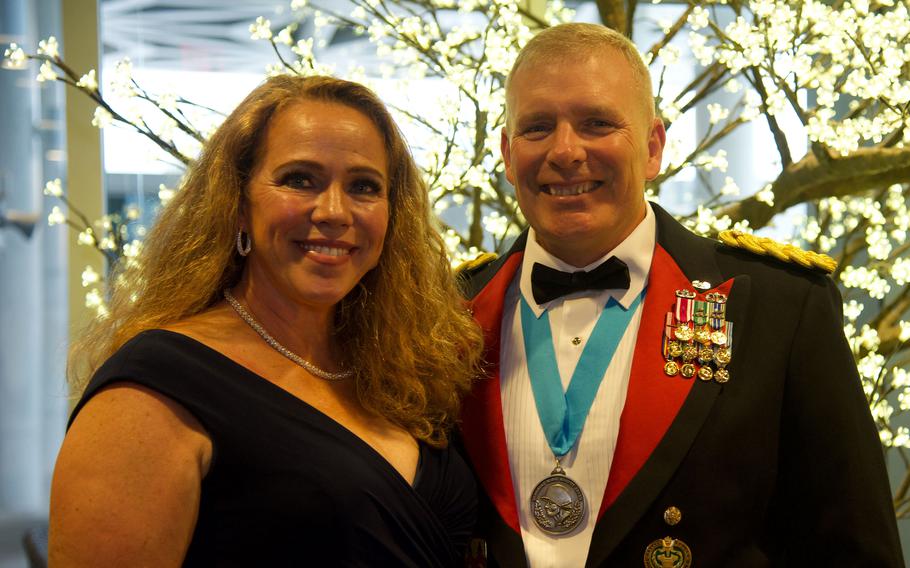 Maj. Robert Bourgeau poses with his wife, Dawn, after receiving the Soldier’s Medal on Friday, June 9, 2023, during the 248th Army Birthday Ball at Kadena Air Base, Okinawa.