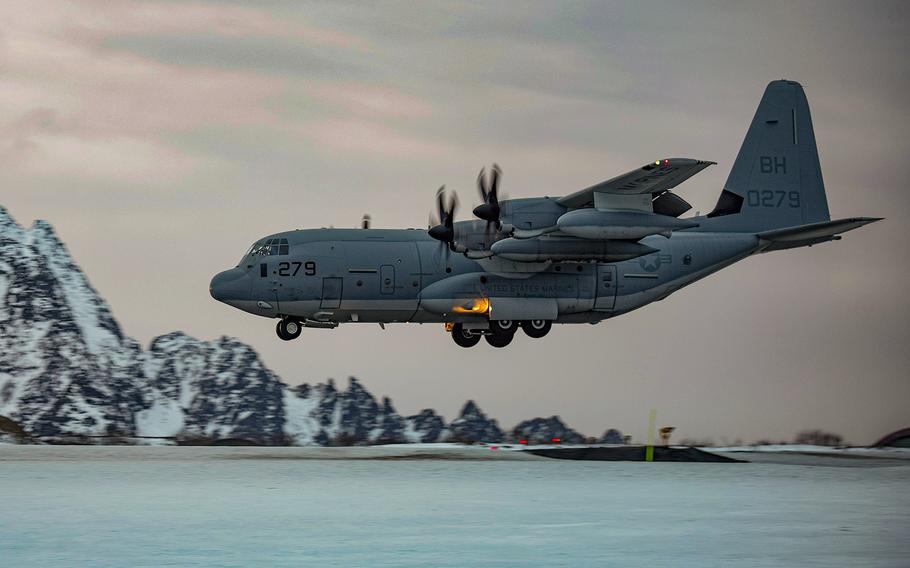A U.S. Marine Corps KC-130J Super Hercules comes in for a landing in Andenes, Norway, Feb. 25, 2024. A group of about 2,500 U.S. Marines will be among the roughly 20,000 allied troops taking part in exercise Nordic Response, which begins Sunday.