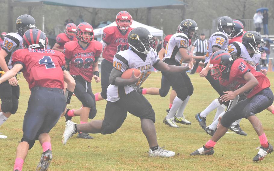 Vicenza's Daniel Bagoubeu was a one-man wrecking crew once he got into the Aviano backfield Saturday, Oct. 22, 2022. Fortunately for the Saints, that only happened a handful of times in their 40-0 victory.
