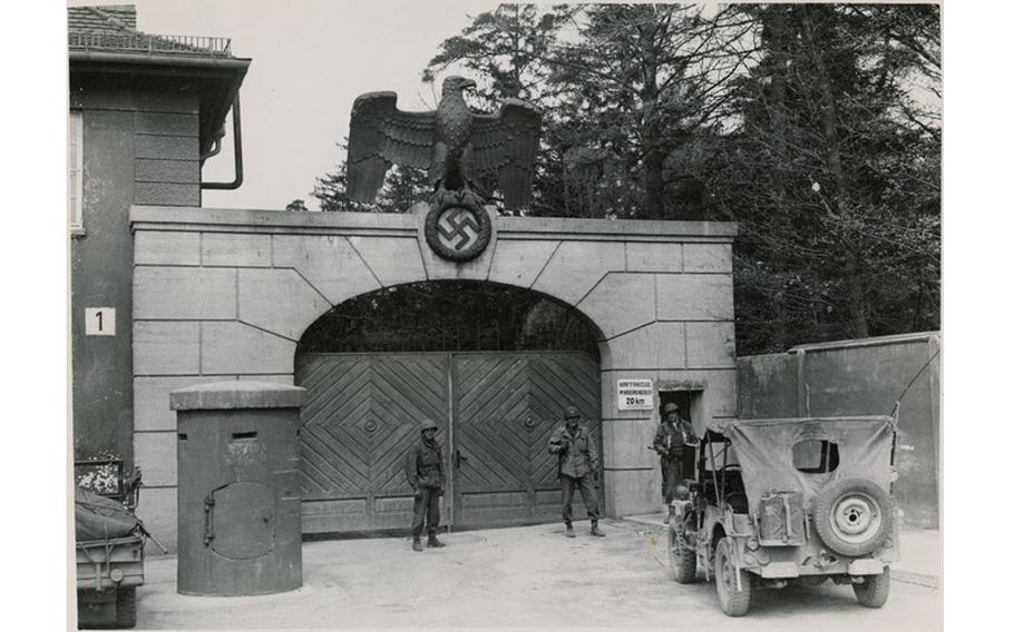 Gates at the main entrance to Dachau concentration camp 1945.