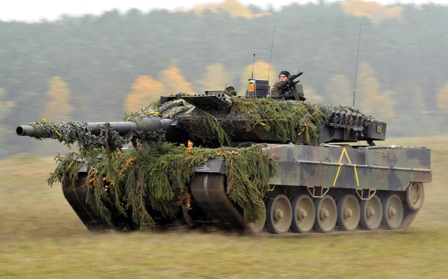 A German army Leopard 2 tank during a Saber Junction exercise in Hohenfels, Germany, in 2012. 