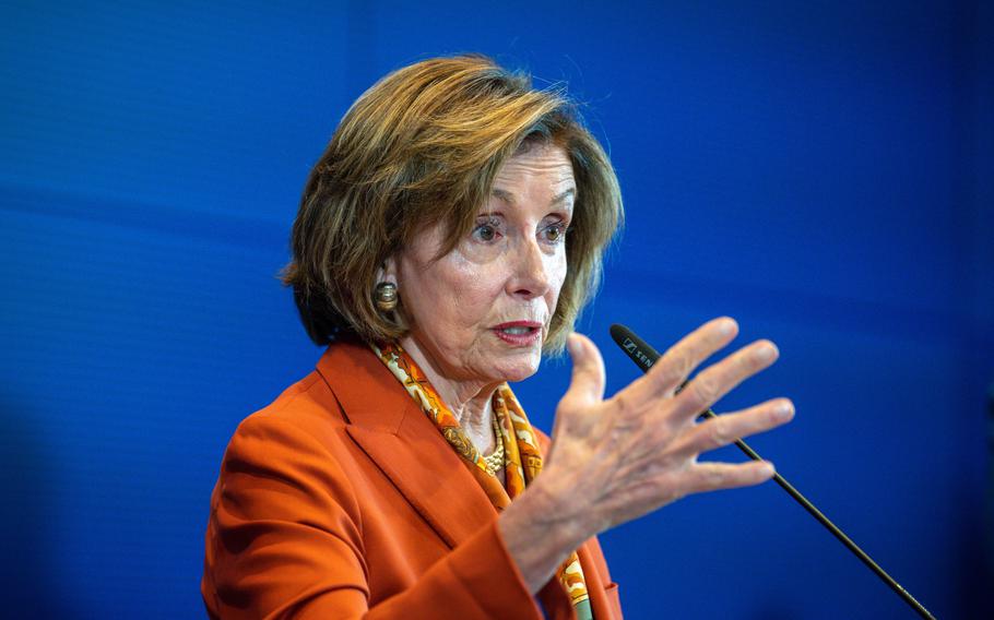 Nancy Pelosi, Speaker of the U.S. House of Representatives, participates in the press conference following the meeting of the parliamentary presidents of the G7 countries and the European Union in the Bundestag in Berlin, Friday, Sept 16, 2022.