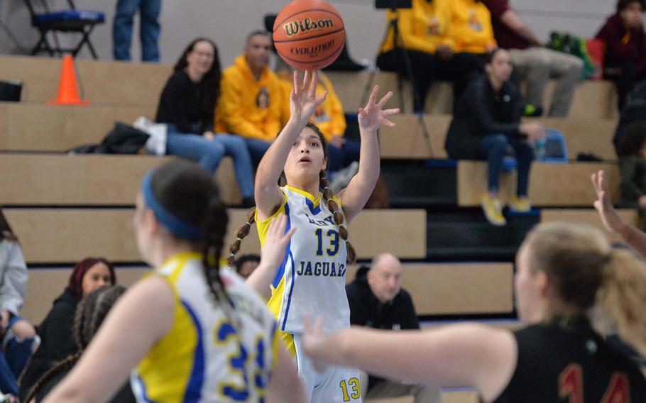 Sigonella’s Ryleigh Denton takes a shot in the Division III championship game at the DODEA-Europe basketball finals in Ramstein, Germany, Feb. 18, 2023. Sigonella took the division crown with a 36-25 win.