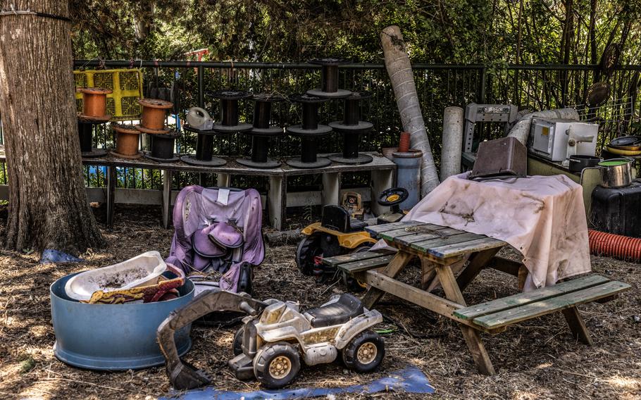 An empty playground in northern Israel’s Kibbutz Sasa, a mile from the border with Lebanon. Most residents evacuated soon after the Oct. 7 Hamas-led attack in southern Israel. 