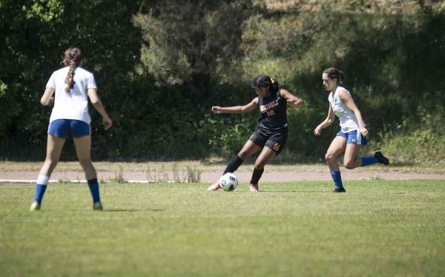 Amaya Hutchinson, a freshman with the Spangdahlem Sentinels, defends against the Brussels Brigands offense in a head-to-head match that resulted in a penalty shootout during the 2025 DODEA European Championships in Landstuhl, Germany on May 19, 2025.