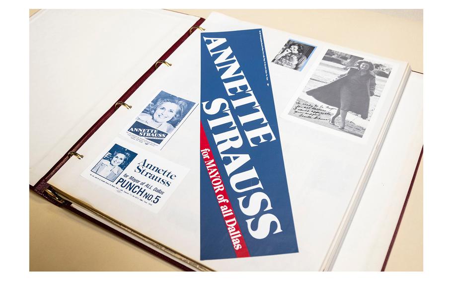 A page from one of Annette Strauss' many scrapbooks, part of the collection now with the Dallas Municipal Archives, includes campaign photos, handouts for voters and a bumper sticker for her supporters. 