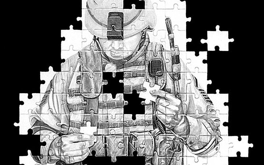 Pencil illustration attempting to visualize PTSD.  Those that suffer from this disorder are constantly trying to regain some sense of the normalcy they had before events that caused pieces of themselves to go missing.