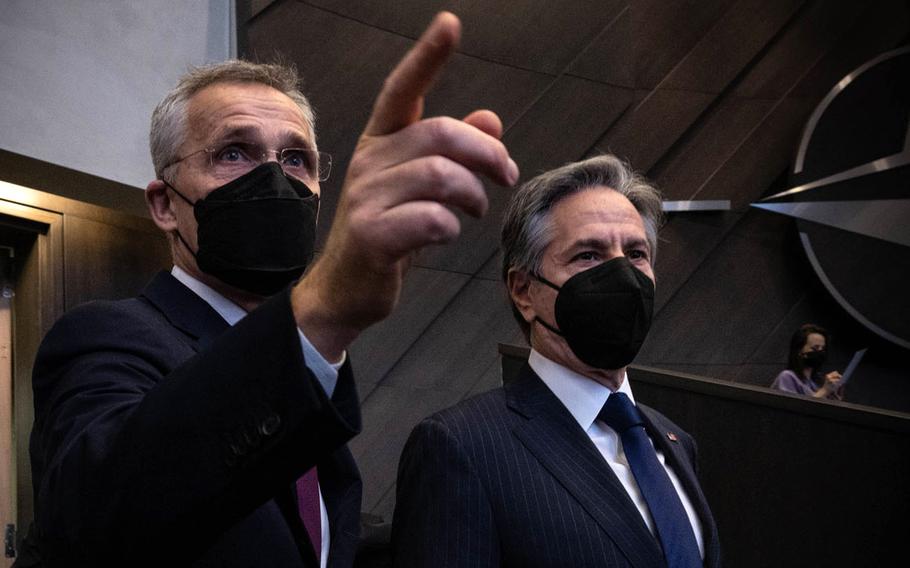NATO Secretary-General Jens Stoltenberg, left, and U.S. Secretary of State Antony J. Blinken, March 4, 2022, before a meeting of foreign ministers at NATOs headquarters in Brussels.