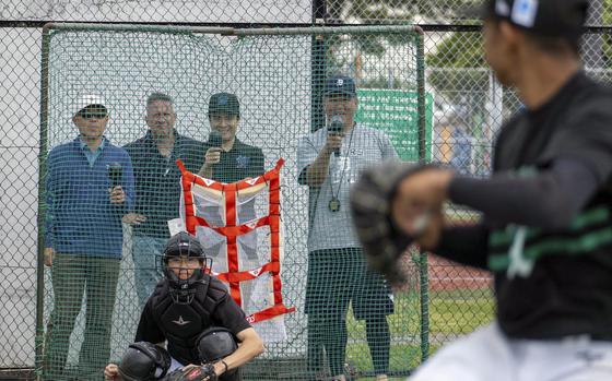 Scouts from the Detroit Tigers, Miami Marlins and Tampa Bay Rays observe players from Department of Defense Education Activity-Pacific schools during a clinic at Yokosuka Naval Base, Japan, May 12, 2024.
