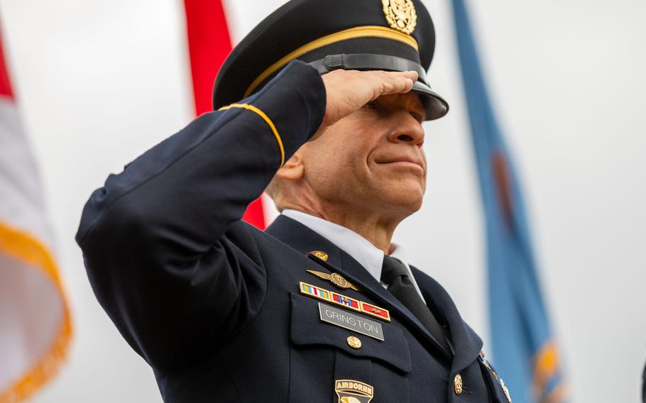 Retired Sgt. Maj. of the Army, Michael A. Grinston, during his relinquishment of responsibility ceremony at Joint Base Myer-Henderson Hall, Va., in April. Grinston is slated to become the new leader of Army Emergency Relief, a nonprofit agency that aids soldiers with financial needs. 