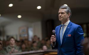 Secretary of Defense Pete Hegseth delivers remarks to midshipmen during his visit to the U.S. Naval Academy, Annapolis, Maryland, April 1, 2025. (DoD photo by U.S. Navy Petty Officer 1st Class Alexander Kubitza)
