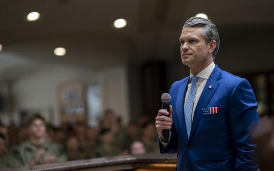 Secretary of Defense Pete Hegseth delivers remarks to midshipmen during his visit to the U.S. Naval Academy, Annapolis, Maryland, April 1, 2025. (DoD photo by U.S. Navy Petty Officer 1st Class Alexander Kubitza)