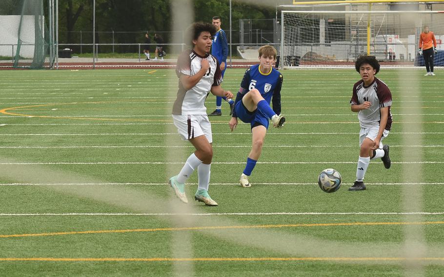 Wiesbaden senior Nicholas Truchon shoots on goal against Vilseck during a game in Wiesbaden, Germany, on May 4, 2024.