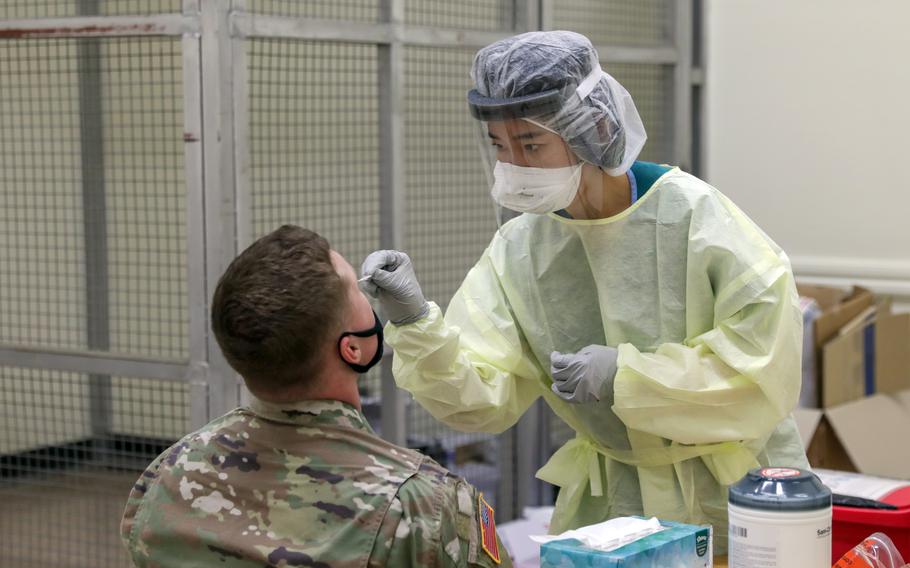 A U.S. soldier is tested for the coronavirus early this year at Camp Humphreys, South Korea.