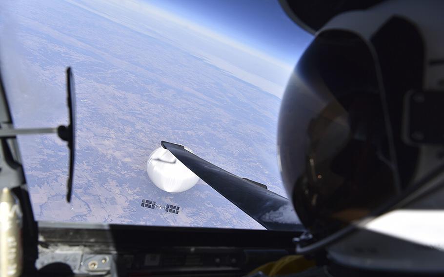 A U.S. Air Force pilot looks down at a Chinese surveillance balloon as it hovered over the central continental United States on Feb. 3, 2023. 