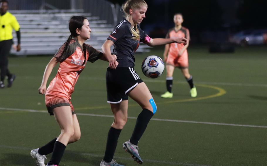 Nile C. Kinnick's Bree Withers had three goals and an assist during Tuesday's 8-1 Kanto Plain girls soccer win over International School of the Sacred Heart.