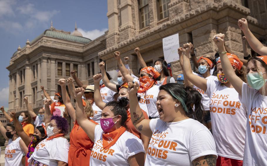 Women protest against Texas’s six-week abortion ban at the Capitol in Austin, Texas, on Sept. 1, 2021.