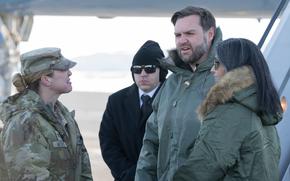 Col. Susannah Meyers, 821st Space Base Group commander, left, greets Vice President JD Vance and second lady Usha Vance at Pituffik Space Base, Greenland, March 28, 2025. Meyers was replaced April 10 after “a loss of confidence in her ability to lead,” U.S. Space Operations Command said in a statement.