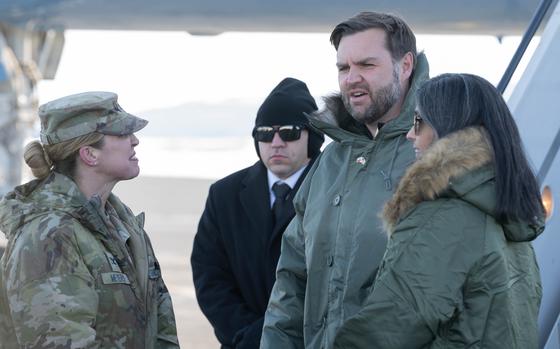 Col. Susannah Meyers, 821st Space Base Group commander, left, greets Vice President JD Vance and second lady Usha Vance at Pituffik Space Base, Greenland, March 28, 2025. Meyers was replaced April 10 after “a loss of confidence in her ability to lead,” U.S. Space Operations Command said in a statement.