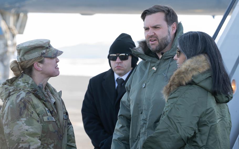 Col. Susannah Meyers listens as Vice President JD Vance talks.