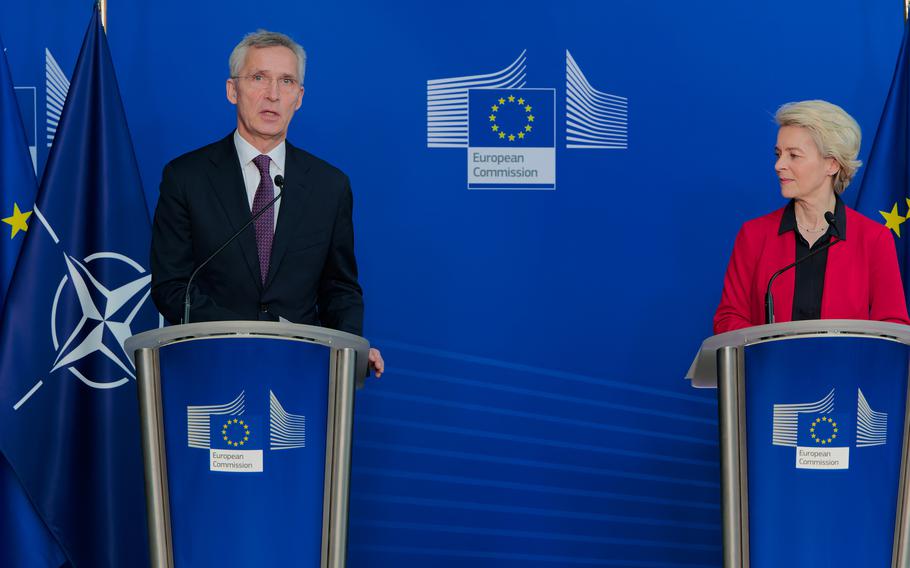 NATO Secretary-General Jens Stoltenberg and European Commission President Ursula von der Leyen speak at a news conference Jan. 11, 2023, in Brussels.