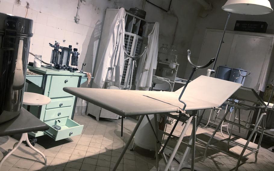 The surgery room at the Simserhof fortification in eastern France, which was part of the Maginot Line. Soldiers requiring surgery while in the underground complex in the first nine months of World War II were anesthetized with chloroform or ether. 