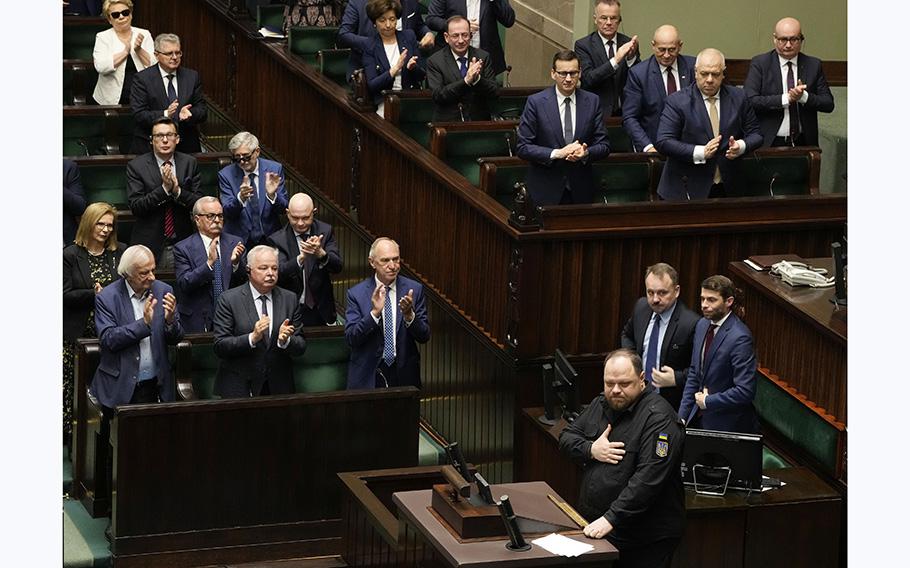 The chairman of the Ukrainian parliament, Ruslan Stefanchuk, front right, speaks to Poland’s lawmakers in Poland’s parliament in Warsaw, Poland, Thursday, 25 May 2023 to thank Poland for military and humanitarian support for Ukraine fighting Russia’s aggression and also encouraging reconciliation over painful mutual World War II history marked by mass murders.