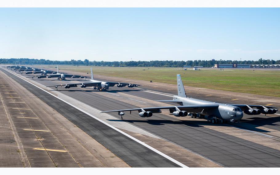 B-52H Stratofortresses from the 2nd Bomb Wing line up on the runway as part of a readiness exercise at Barksdale Air Force Base, La., on Oct. 14, 2020.