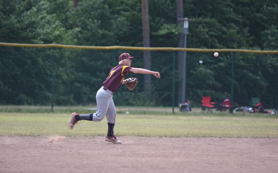 Vilseck's Jacob Boyle throws to first Thursday, May 22, 2025, at the DODEA-Europe Division I baseball championships at Ramstein Air Base, Germany.