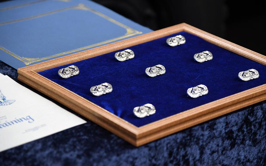 Air Force occupational badges are displayed during a ceremony at Keesler Air Force Base, Miss., Nov. 8, 2019. 