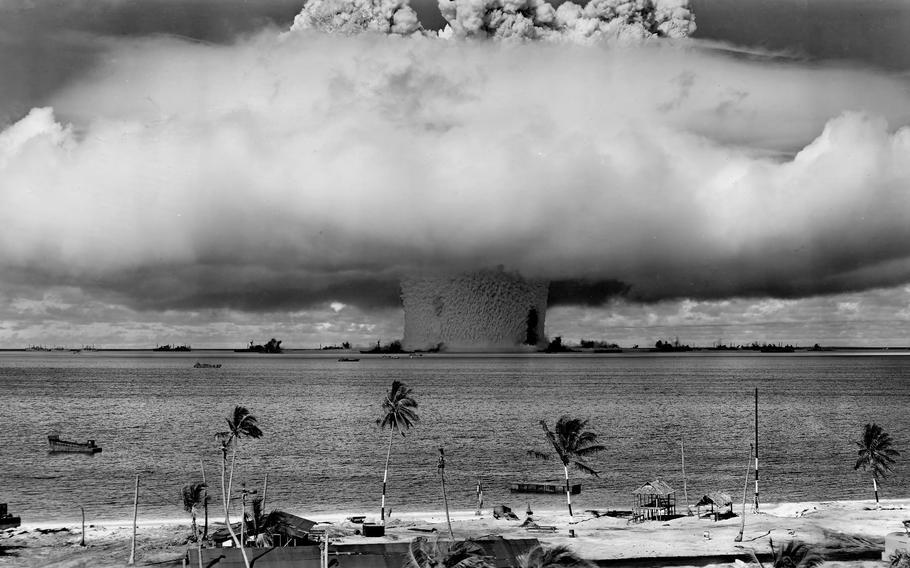 The plume of a nuclear weapon test detonation rises over Bikini Atoll, Marshall Islands, July 25, 1946.