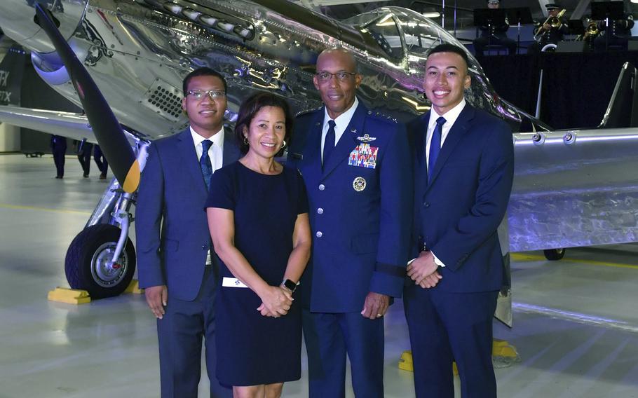 Air Force Chief of Staff Gen. CQ Brown, Jr., his wife Sharene Brown, and sons, Sean and Ross, pose for a photo during the CSAF Transfer of Responsibility ceremony at Joint Base Andrews, Md., on Aug. 6, 2020.