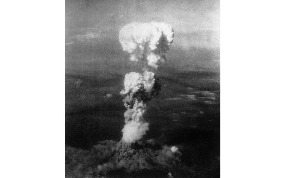 Smoke billows 20,000 feet above Hiroshima while smoke from the burst of the first atomic bomb in 1945.