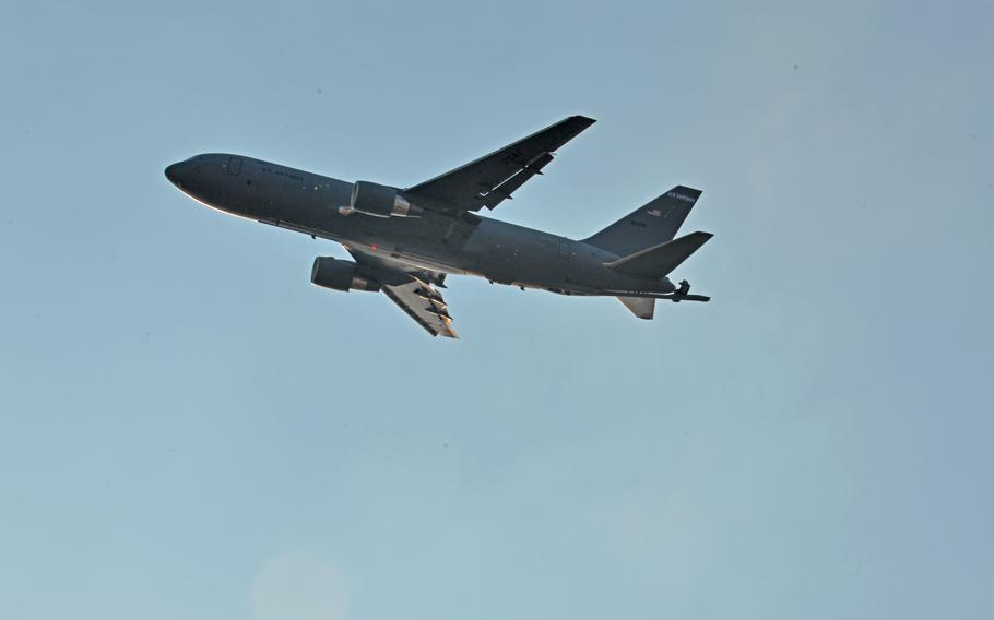 A six-person crew from the 157th Air Refueling Wing, New Hampshire Air National Guard, performs a flyover in a KC-46 Pegasus at the Ilopango Air Show, Saturday, Feb. 17, 2024, in El Salvador. 