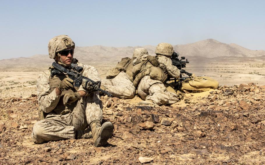 U.S. Marines take part in the Intrepid Maven exercise July 5, 2023, in Jordan. For now, the Marine Corps is likely to maintain a small presence in the Middle East augmented by short deployments.